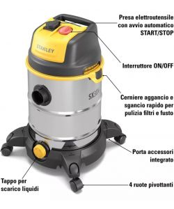 Stanley Aspiratore solidi e liquidi 30L 1600W Giallo Nero Fusto inox