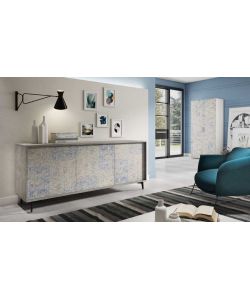 Terraneo Madia Cemento e Ante Leizu Bianco Dama 184x45x77 - Mobile Living Elegante e Versatile - Apertura Push Senza Maniglie