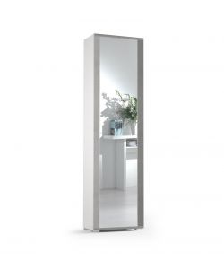 Terraneo Mobile Bianco con Anta Specchio e Cornice Cemento - 50x32x182 cm - Multiservizio con 7 Ripiani Regolabili