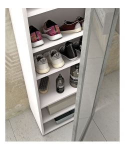 Terraneo Mobile Bianco con Anta Specchio e Cornice Cemento - 50x32x182 cm - Multiservizio con 7 Ripiani Regolabili
