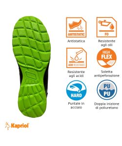 Kapriol Scarpa da Lavoro Antinfortunistica Spider - Nera e Verde, Taglia 42 - Suola in Poliuretano, Fodera Traspirante, Punta in Acciaio