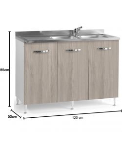 Sottolavello 120 cm Larice Grigio con Doppia Vasca e Sgocciolatoio