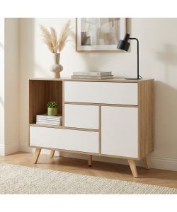 Cosma Mobile Soggiorno Basso 119x85,6 cm Bianco e Naturale con 1 Anta e 3 Cassetti
