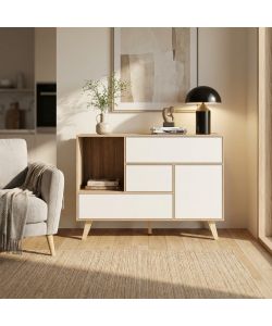 Cosma Mobile Soggiorno Basso 119x85,6 cm Bianco e Naturale con 1 Anta e 3 Cassetti