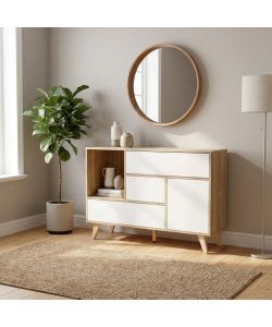 Cosma Mobile Soggiorno Basso 119x85,6 cm Bianco e Naturale con 1 Anta e 3 Cassetti