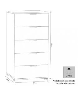 Cosma Cassettiera 5 cassetti bianca 60x38x103 cm in truciolare bilaminato