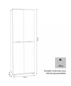Cosma Armadio 4 Ante Rovere Grigio 60x38x174 cm in Truciolare Bilaminato