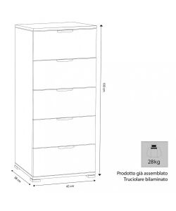 Cosma Mobiletto 5 Cassetti Bianco 45x38x103 cm in Truciolare Bilaminato