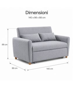 Divano Letto 2 Posti in Tessuto Grigio 140x86x88 cm Apertura Letto 190x112 cm Pull-Out - Domo Mea