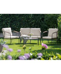 Domo Mea Salotto da Giardino Milos in Ferro Nero con Cuscini Ecr - Set Completo Divanetto, Poltrone e Tavolino