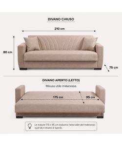 Divano Letto 3 Posti in Tessuto Beige Chiaro 210x75x80 cm Apertura Facile - New York Domo Mea