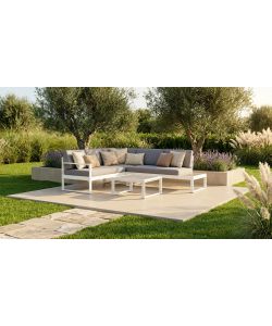 Salotto angolare da giardino alluminio bianco effetto rovere con cuscini - divano e tavolino Silvia Domo Mea