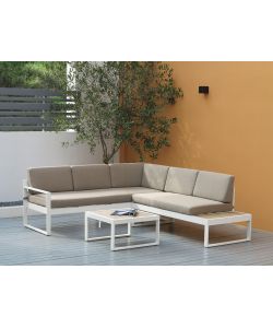 Salotto angolare da giardino alluminio bianco effetto rovere con cuscini - divano e tavolino Silvia Domo Mea