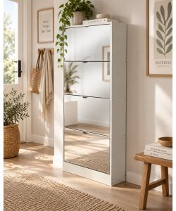 Domo Mea Scarpiera Bianca con Specchio 4 Ribalte - 60x24x152,5 cm