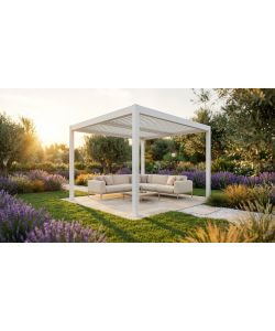 Pergola bioclimatica 3x3 m in alluminio bianco a lamelle orientabili con grondaia - Verdelook