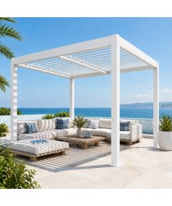 Pergola Bioclimatica 3x3 m in Alluminio Bianco a Lamelle Orientabili con Grondaia Antipioggia - Verdelook