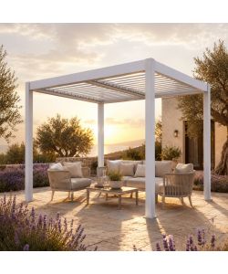 Pergola Bioclimatica 3x3 m in Alluminio Bianco a Lamelle Orientabili con Grondaia Antipioggia - Verdelook