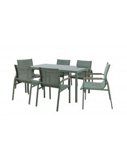 Set da Pranzo per esterno Tavolo 150x90 cm Top vetro temperato e 6 sedie con braccioli in acciaio verde oliva -  Best Green
