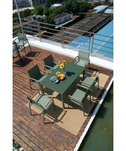 Set da Pranzo per esterno Tavolo 150x90 cm Top vetro temperato e 6 sedie con braccioli in acciaio verde oliva -  Best Green