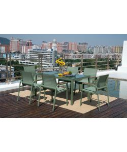 Set da Pranzo per esterno Tavolo 150x90 cm Top vetro temperato e 6 sedie con braccioli in acciaio verde oliva -  Best Green