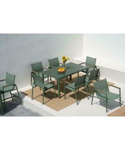 Set da Pranzo per esterno Tavolo 150x90 cm Top vetro temperato e 6 sedie con braccioli in acciaio verde oliva -  Best Green