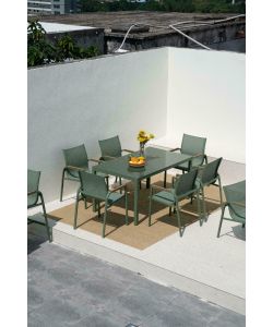 Set da Pranzo per esterno Tavolo 150x90 cm Top vetro temperato e 6 sedie con braccioli in acciaio verde oliva -  Best Green