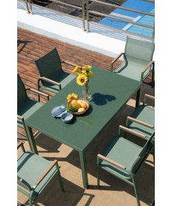Set da Pranzo per esterno Tavolo 150x90 cm Top vetro temperato e 6 sedie con braccioli in acciaio verde oliva -  Best Green