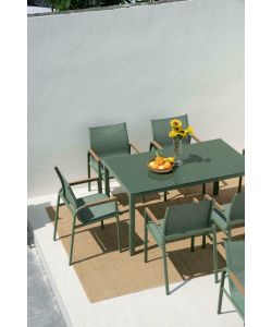 Set da Pranzo per esterno Tavolo 150x90 cm Top vetro temperato e 6 sedie con braccioli in acciaio verde oliva -  Best Green