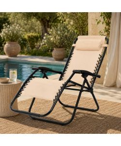 Sdraio da Giardino Reclinabile Pieghevole in Acciaio e Textilene Beige con Poggiatesta - Domo Mea