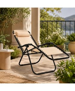 Sdraio da Giardino Reclinabile Pieghevole in Acciaio e Textilene Beige con Poggiatesta - Domo Mea
