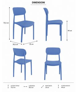 Sedia Impilabile in Polipropilene Blu h 75,5 cm Leggera Design Moderno - Mood Domo Mea
