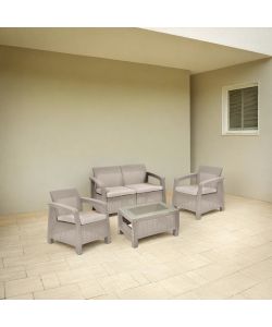 Domo Mea Set Salotto da Esterno Novara in Resina Cappuccino con Cuscini Beige