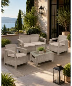 Set Salotto da Giardino Effetto Rattan Cappuccino Divano 2 Poltrone e Tavolino - Novara Domo Mea