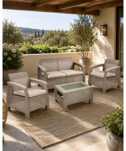 Set Salotto da Giardino Effetto Rattan Cappuccino Divano 2 Poltrone e Tavolino - Novara Domo Mea