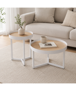 Domo Mea Set di 2 Tavolini Caffè Bianchi e Rovere - 60 e 40 cm