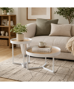 Domo Mea Set di 2 Tavolini Caffè Bianchi e Rovere - 60 e 40 cm