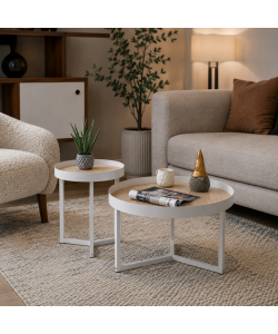 Domo Mea Set di 2 Tavolini Caffè Bianchi e Rovere - 60 e 40 cm