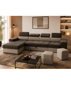 Divano Letto Angolare con Contenitore e 2 Pouf in Tessuto Marrone Beige - Antonello Domo Mea