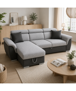 Domo Mea Divano Angolare Tony Grigio 3 Posti con Penisola Contenitore 226x175 cm