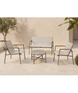 Domo Mea Salotto da Giardino Best Sand - Tavolino, Poltroncine e Divano Textilene Sabbia