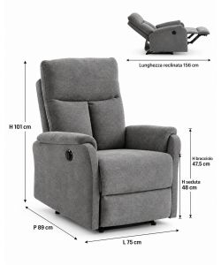 Alba Poltrona Relax Elettrica Grigio Scuro 75x89x101 cm Reclinabile