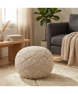 Cosma Pouf Circolare Fisso in Cotone Bianco 40x40 cm Stile Boho
