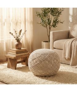Cosma Pouf Circolare Fisso in Cotone Bianco 40x40 cm Stile Boho