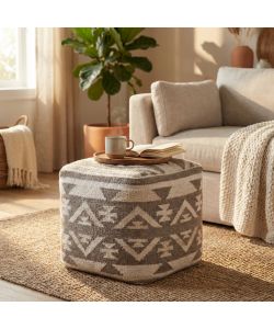 Cosma Pouf Quadrato 40x40 cm Bianco/Taupe in Cotone e Lana Fisso