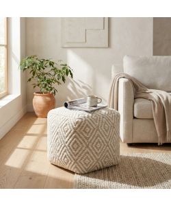 Cosma Pouf Quadrato in Lana 40x40 cm Bianco e Marrone Chiaro Fisso