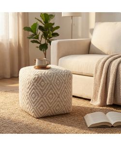 Cosma Pouf Quadrato in Lana 40x40 cm Bianco e Marrone Chiaro Fisso