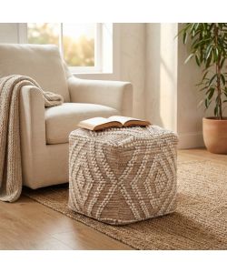 Cosma Pouf Quadrato in Juta e Lana 40x40 cm Ecr� e Marrone Chiaro