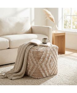 Cosma Pouf Quadrato in Juta e Lana 40x40 cm Ecrù e Marrone Chiaro