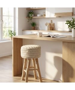 Cosma Sgabello Circolare in Legno e Lana 40x70 cm Bianco e Marrone Chiaro