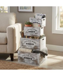 Cosma Set di 4 Cassette in Legno Bianco Shabby Chic - Rettangolari